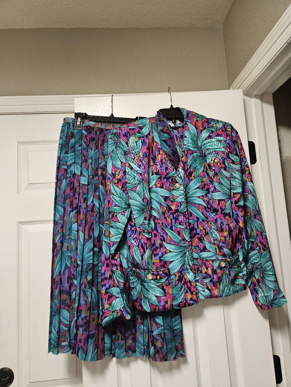 Parnes Feinstein Vintage 2pc Satin Skirt & Blazer Floral Multicolor 6 1980s